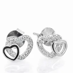 Sterling silver interlocking heart stud earrings featuring one polished heart and one heart encrusted with sparkling cubic zirconia stones.