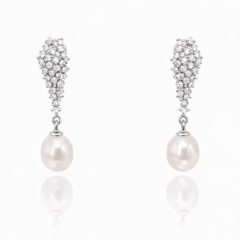 legant sterling silver drop earrings featuring cascading clusters of sparkling cubic zirconia and lustrous white freshwater pearls.