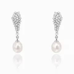 legant sterling silver drop earrings featuring cascading clusters of sparkling cubic zirconia and lustrous white freshwater pearls.