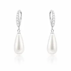 Elegant silver drop earrings featuring sparkling cubic zirconia accents and smooth teardrop-shaped shell pearls.
