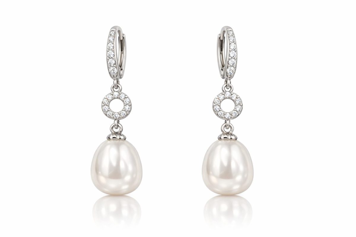 Elegant silver drop earrings with a warm rhodium finish, featuring sparkling cubic zirconia circles and shorter, wider freshwater pearls
