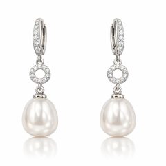 Elegant silver drop earrings with a warm rhodium finish, featuring sparkling cubic zirconia circles and shorter, wider freshwater pearls