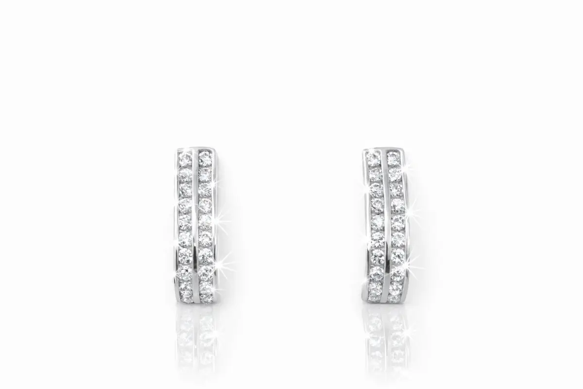 Pair of 9ct white gold cubic zirconia stud earrings with double curved rows of sparkling stones.