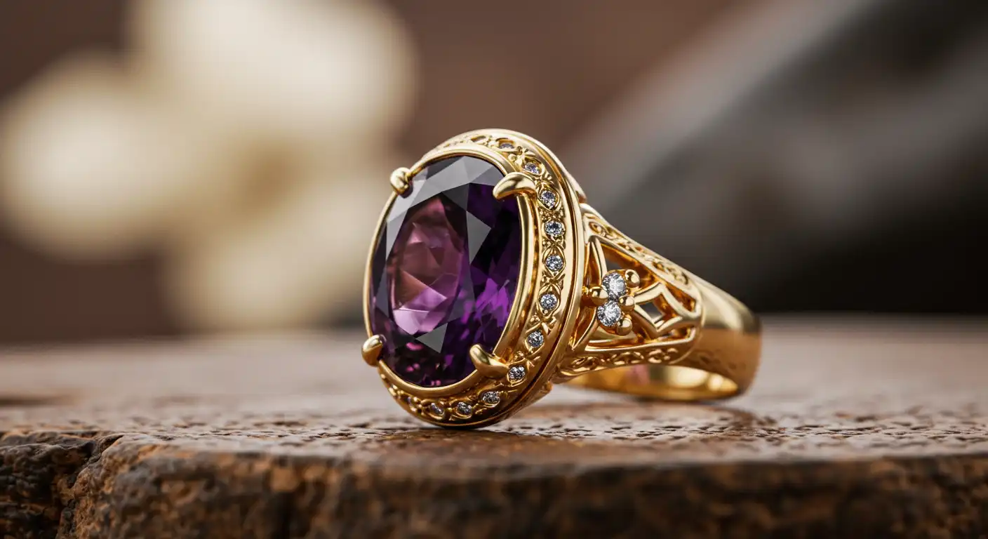 A luxurious custom amethyst ring for spiritual healing in South Africa.