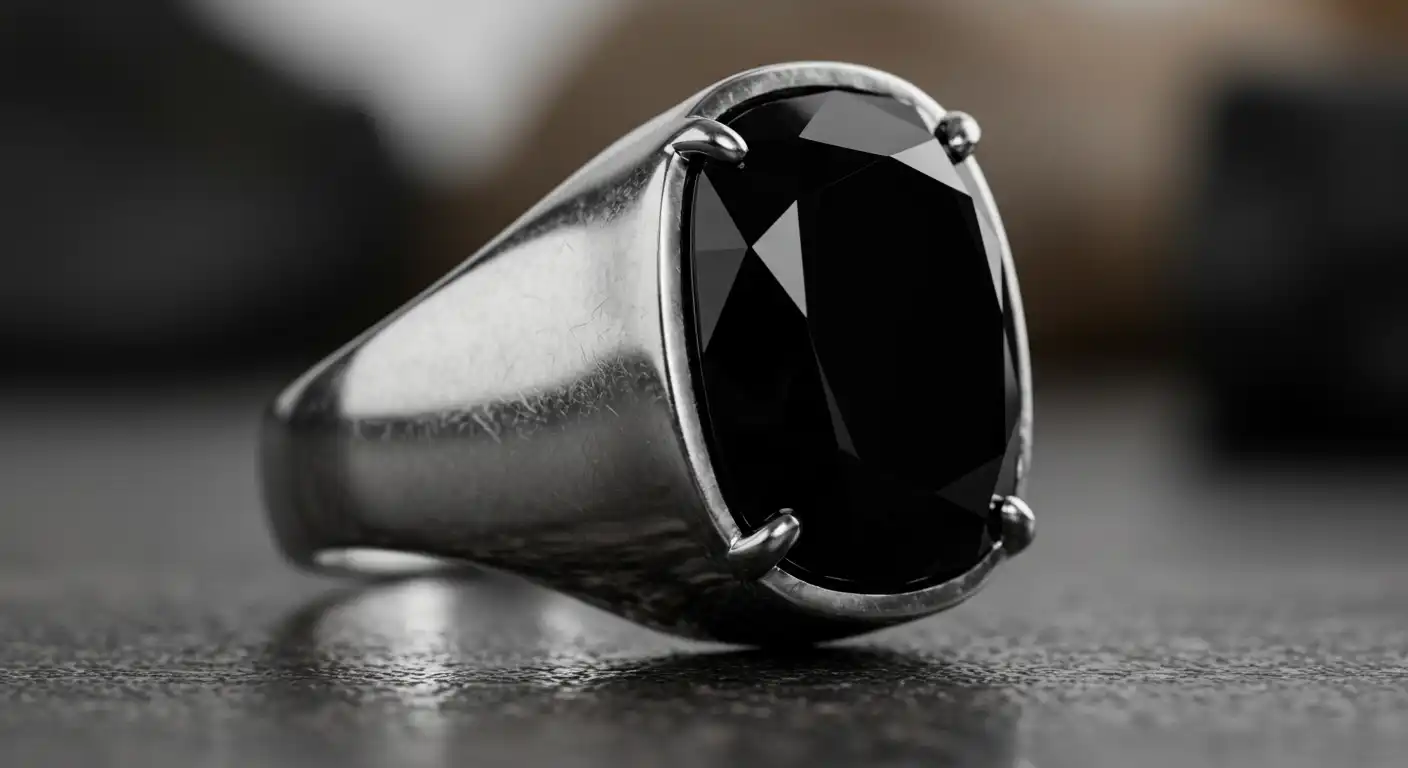 A powerful and sleek black onyx ring, a piece of luxury custom jewellery.