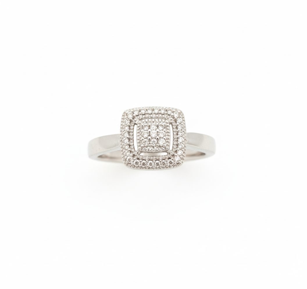 9ct white gold band with 0.18ct 8/8 cut diamonds; size N women’s jewelry; 2.6g weight with a polished white gold finish.