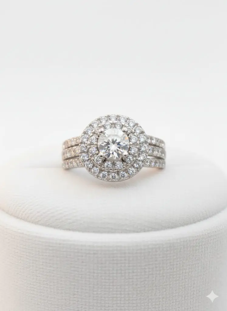 A double-halo Cubic Zirconia ring in Sterling silver, with a triple pave-set band.