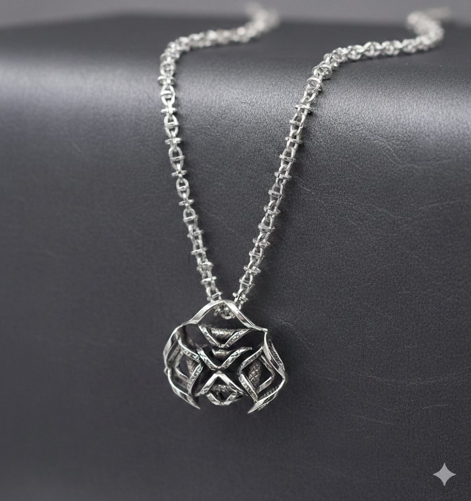 Handcrafted sterling silver geometric pendant necklace, artisan jewellery for men an woman, architectural statement piece with oxidized finish.