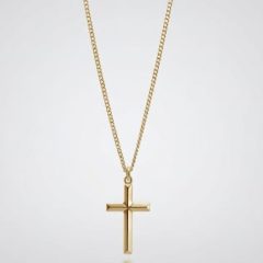9ct Gold cross pendant necklace with a polished finish on a fine link chain, displayed against a soft grey gradient background
