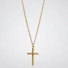9ct Gold cross pendant necklace with a polished finish on a fine link chain, displayed against a soft grey gradient background