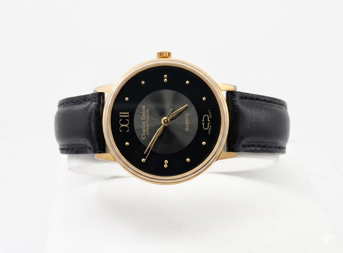 Charles Delon Sophistication men's quartz watch with a round gold-tone case, a minimalist black dial featuring gold stud hour markers and Roman numerals at the 9 o'clock position, paired with a classic black leather strap.