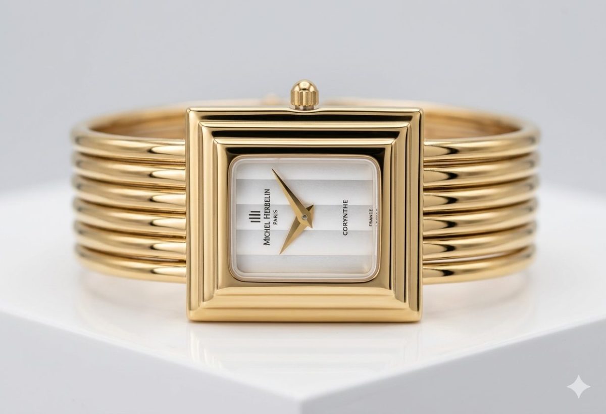 A vintage Michel Herbelin Corynthe ladies' watch featuring a rectangulare gold-plated case and a unique five-strand gold bangle bracelet. The timepiece has a minimalist white vertical-striped dial with gold dauphine hands, presented as a high-quality preloved luxury accessory.