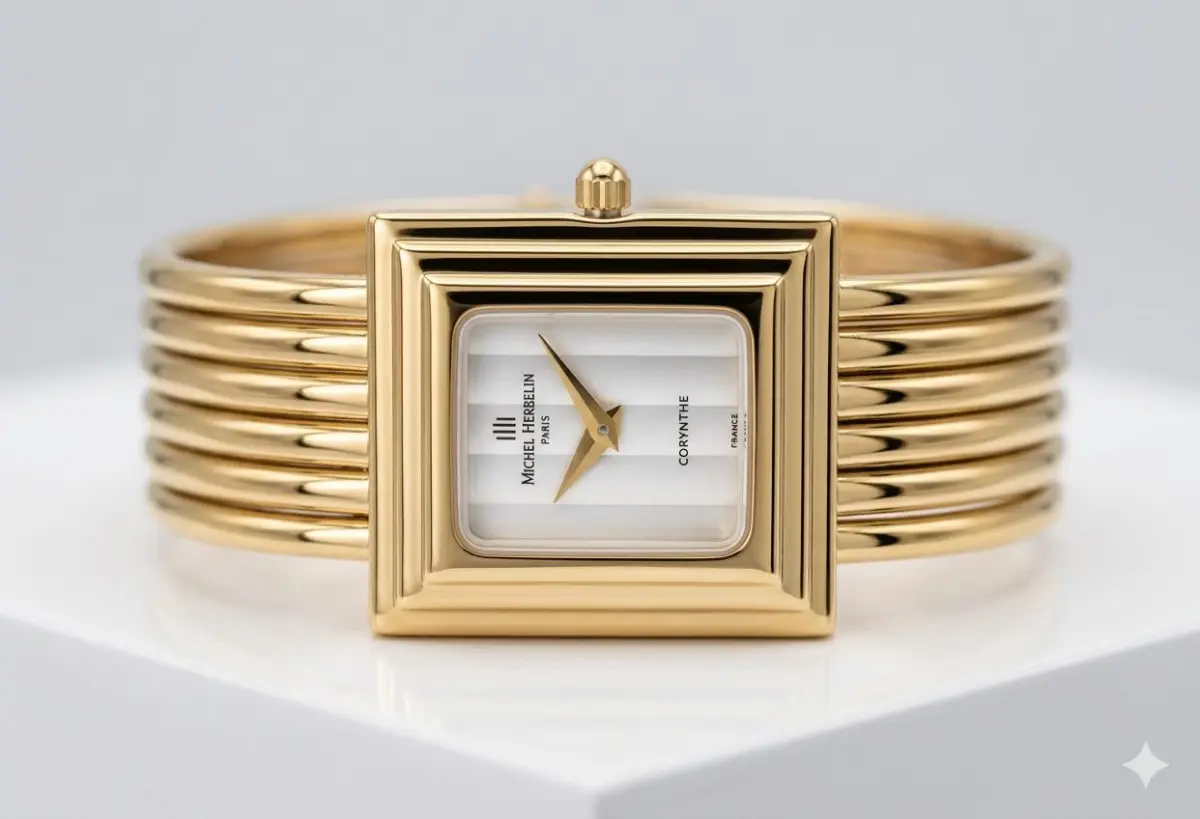 1777280242489 A vintage Michel Herbelin Corynthe ladies' watch featuring a rectangulare gold-plated case and a unique five-strand gold bangle bracelet. The timepiece has a minimalist white vertical-striped dial with gold dauphine hands, presented as a high-quality preloved luxury accessory.