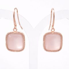 Sterling Silver rose-gold plated drop earrings featuring soft pink moonstone faced on elegant shepherd hook.