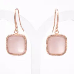 Sterling Silver rose-gold plated drop earrings featuring soft pink moonstone faced on elegant shepherd hook.