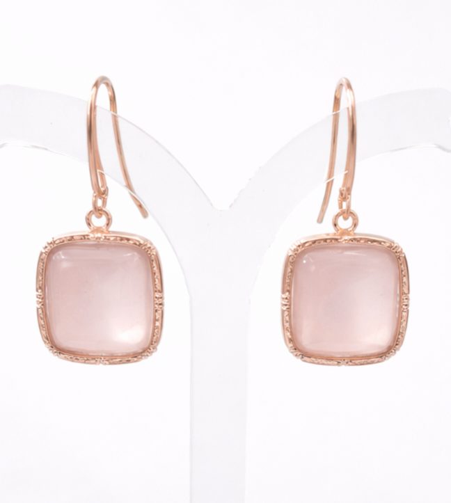 Sterling Silver rose-gold plated drop earrings featuring soft pink moonstone faced on elegant shepherd hook.