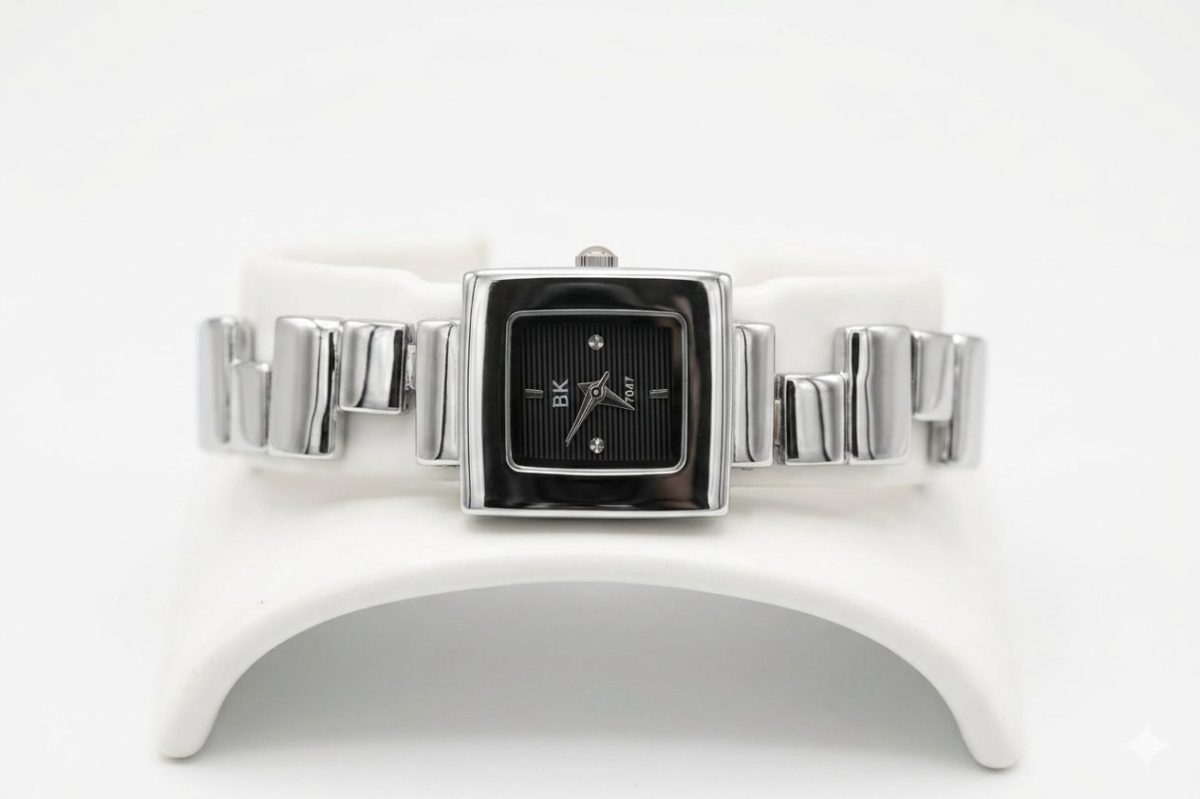 1780660433416 A sleek, professional product of a modern square-faced silver colour watch with a black dial.