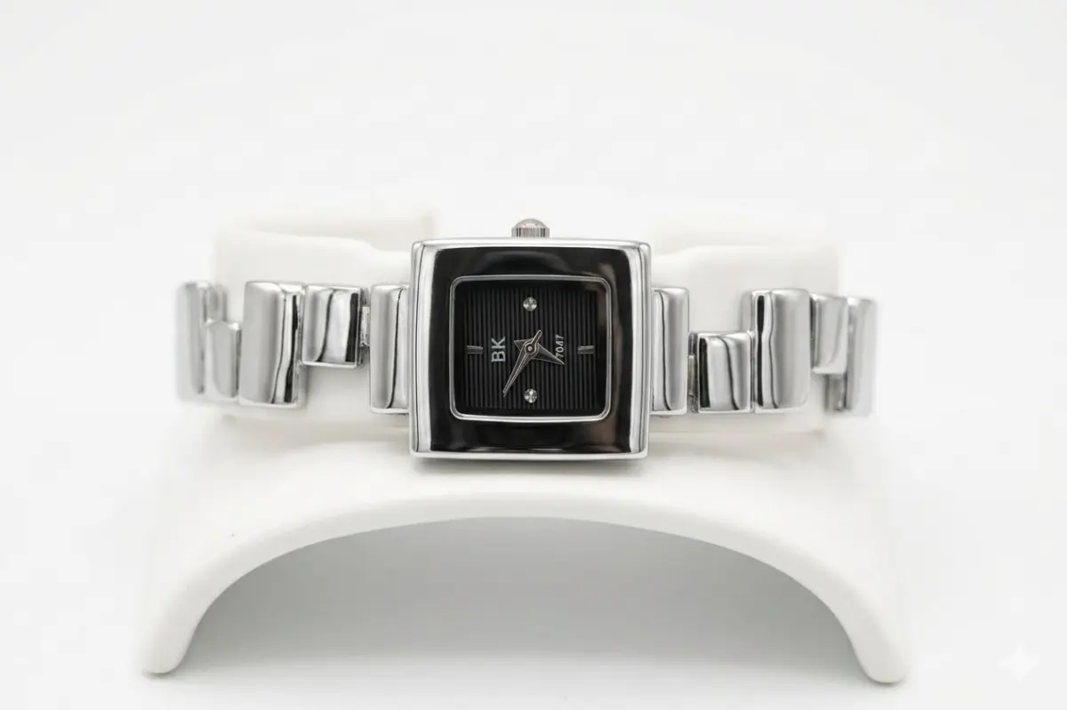 A sleek, professional product of a modern square-faced silver colour watch with a black dial.