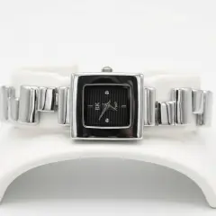 A sleek, professional product of a modern square-faced silver colour watch with a black dial.