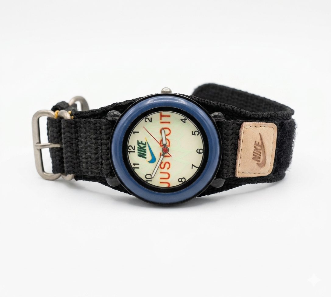 A Nike analog watch featuring a blue bezel and a black fabric strap. The watch face has a beige background with NIKE logo and the text "JUST DO IT" visible, and a small tan-coloured Nake brand patch is attached to the strap.