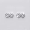 A pair of small, elegant silver infinity symbol earrings set with multiple sparkling Cubic Zirconia, with push on butterflies.