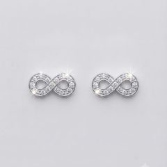 A pair of small, elegant silver infinity symbol earrings set with multiple sparkling Cubic Zirconia, with push on butterflies.