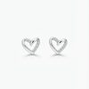 A pair of polished silver heart-shaped stud earrings featuring small cubic zirconia along one side of the heart, with push on butterflies.