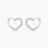 A pair of silver heart-shaped stud earrings featuring small cubic zirconia, set along one side of each heart, with push on butterflies.