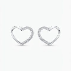 A pair of silver heart-shaped stud earrings featuring small cubic zirconia, set along one side of each heart, with push on butterflies.