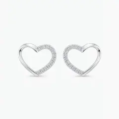 A pair of silver heart-shaped stud earrings featuring small cubic zirconia, set along one side of each heart, with push on butterflies.