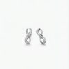 A pair of infinity-shaped earrings crafted from a polished silver-tone metal and is embellished with a delicate row of sparkling cubic zirconia, with push on butterflies.