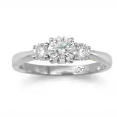 A timeless three-stone setting featuring a striking center lab grown diamond of 0.50ct flanked by two matching side lab grown diamonds of 0.20ct. set in 9ct. White Gold, size M