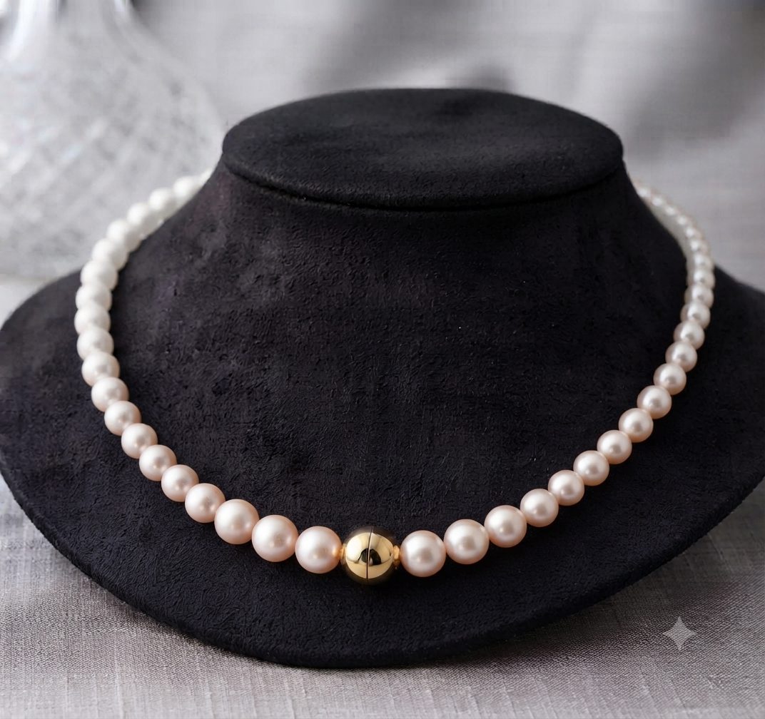 Perfecta Elevate your everyday elegance with this classic high luster, bright white freshwater pearl necklace, 40cm long, with gold colour ball magnetic clasp for effortless wear.
