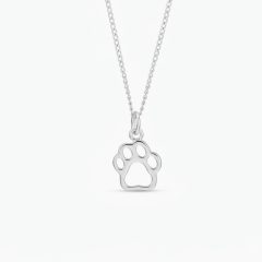 A delicate silver paw print pendant suspended from a fine curb chain .