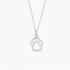 A delicate silver paw print pendant suspended from a fine curb chain .