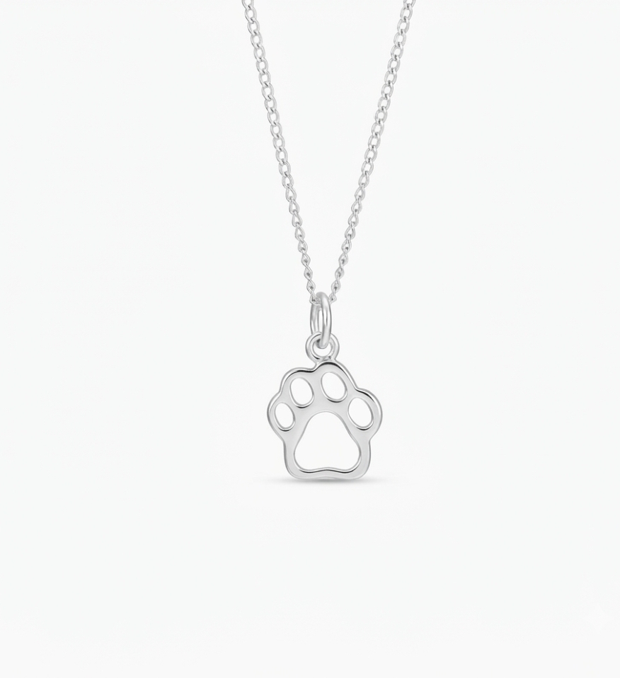A delicate silver paw print pendant suspended from a fine curb chain .