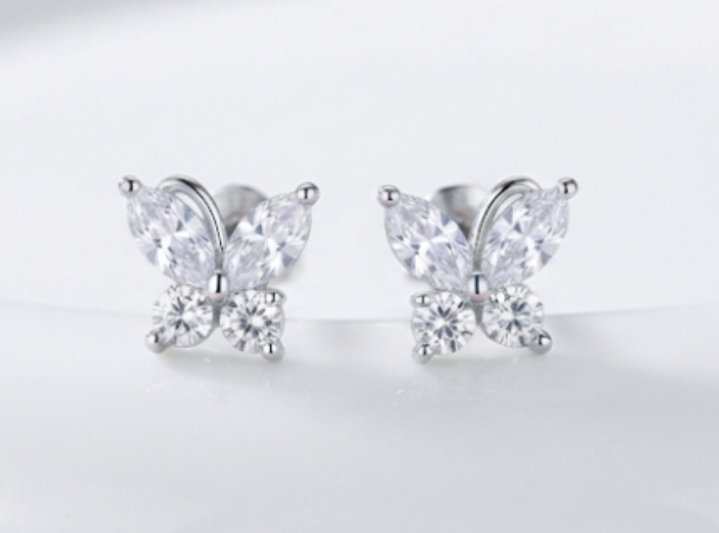Elegant Marquise Cubic Zirconia Sterling Silver delicate studs, with push on butterflies.