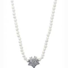 White Freshwater pearl necklace featuring a glittering silver star-shaped front clasp embellished with cubic zirconia stones. 40cm long