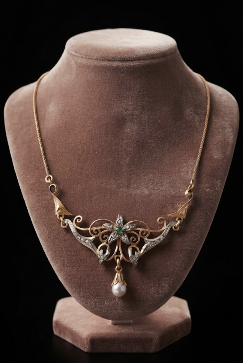 Art Nouveau 18ct yellow and white gold bespoke necklace featuring a central emerald, pave-set diamonds, and a dangling pearl drop.