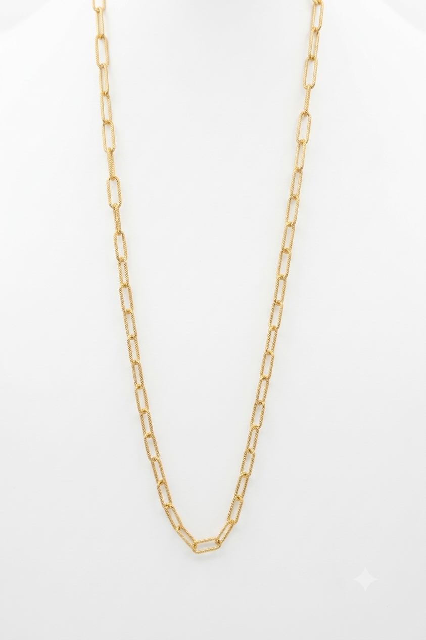 9ct Yellow gold textured paperclip necklace for layering.