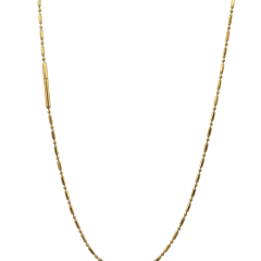 14ct yellow gold chain necklace with an alternating bar and bead link design, with a safety clasp as a distinct, large, polished cylindrical barrel. 42cm long
