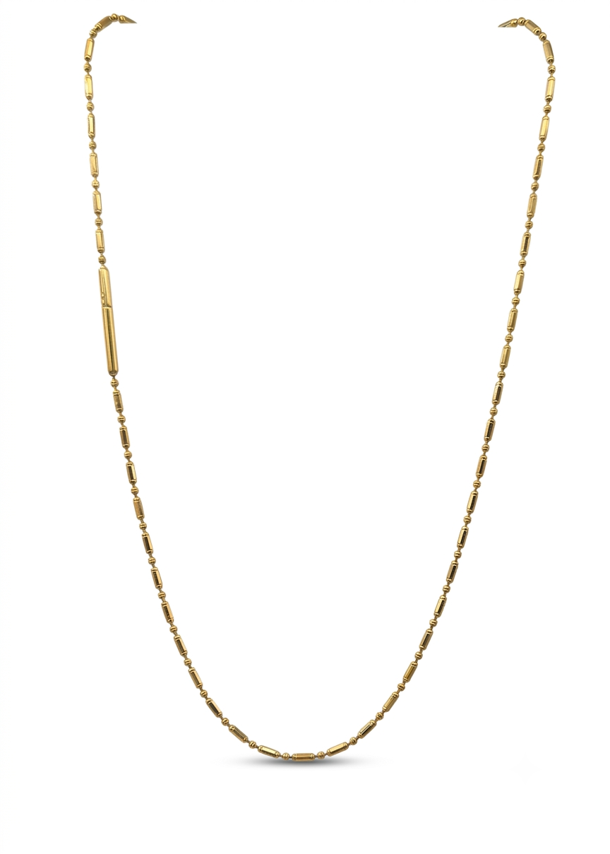 14ct yellow gold chain necklace with an alternating bar and bead link design, with a safety clasp as a distinct, large, polished cylindrical barrel. 42cm long