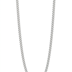 A thin 9ct white gold rolo chain with round, interlocking links and a lobster clasp. Suitable for a small pendant.