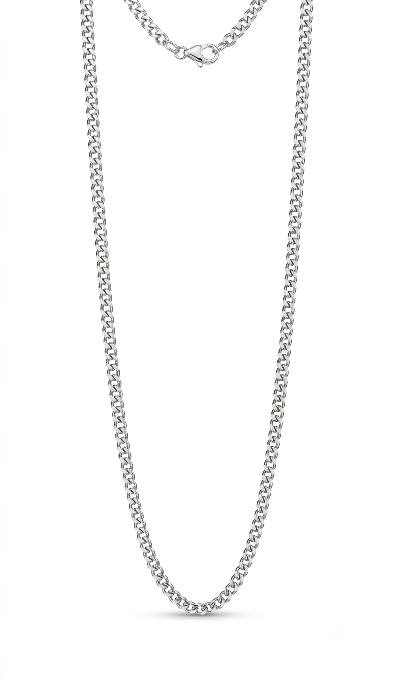 A thin 9ct white gold rolo chain with round, interlocking links and a lobster clasp. Suitable for a small pendant.