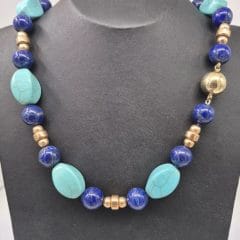 Hayat Howlite and Lapis Lazuli beaded necklace with gold spacers, part of the Semi Precious Gemstone Jewellery collection.