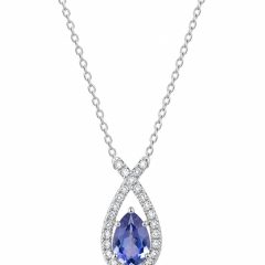 9ct white gold iolite and diamond pendant on a 9ct white gold necklace, featuring a pear-shaped blue-violet iolite surrounded by sparkling diamonds, on a 9ct white gold chain.
