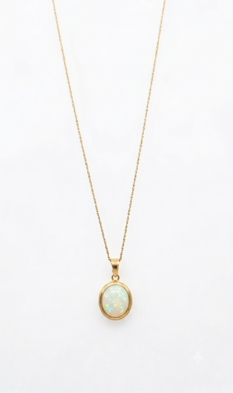 18ct yellow-gold oval opal pendant on a delicate 9ct yellow-gold chain, featuring a bezel-set opal with iridescent pastel flashes.